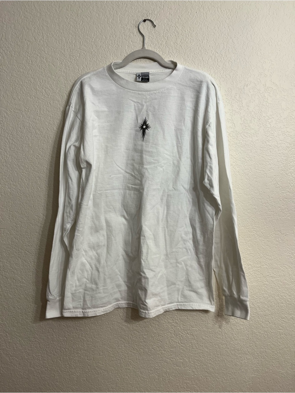 Y2k surf Aaron Chang White Long-Sleeve Tee with Black Starburst Graphic